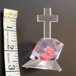 Vintage Bircraft Indiana Lucite Pink Rose & Cross on Base Stand Hand Carved 3"H